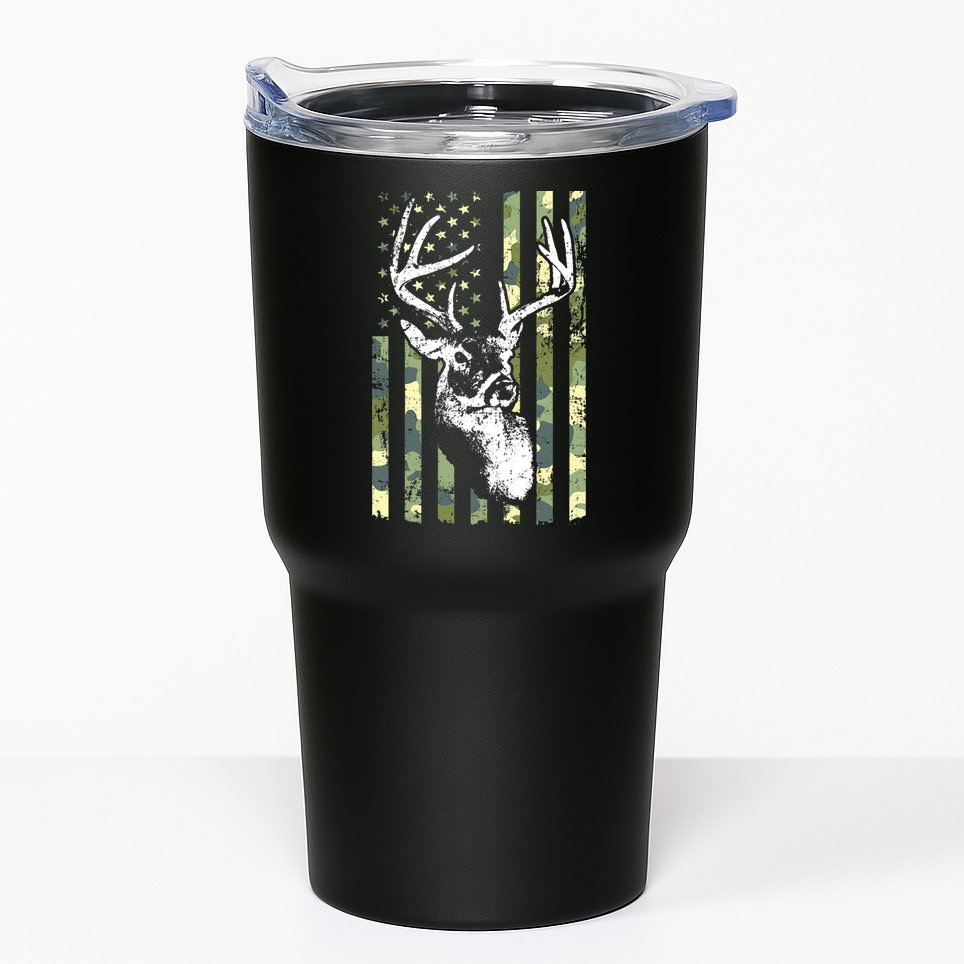 Whitetail Buck Deer Hunting USA Camouflage American Flag Tumbler