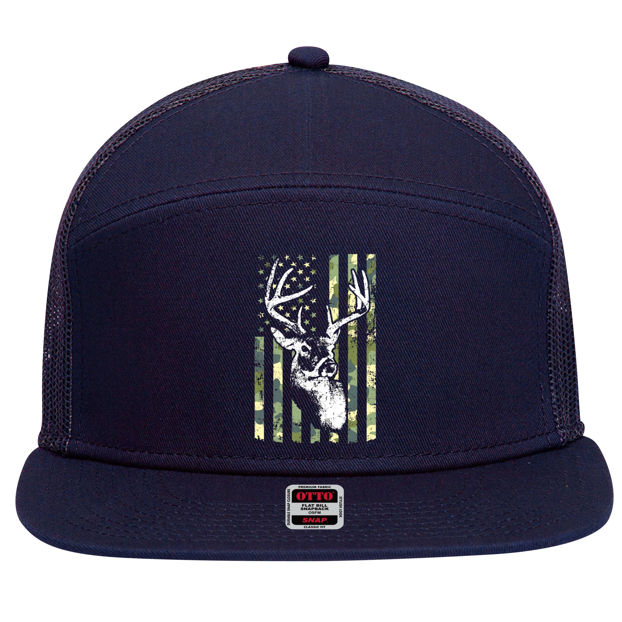Whitetail Buck Deer Hunting USA Camouflage American Flag 7 Panel Mesh Trucker Snapback Hat