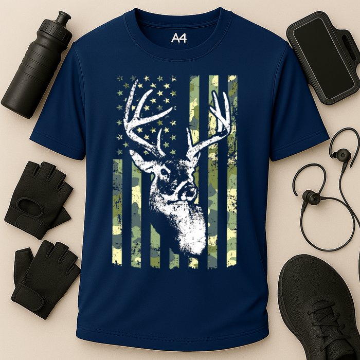Whitetail Buck Deer Hunting USA Camouflage American Flag Cooling Performance Crew T-Shirt