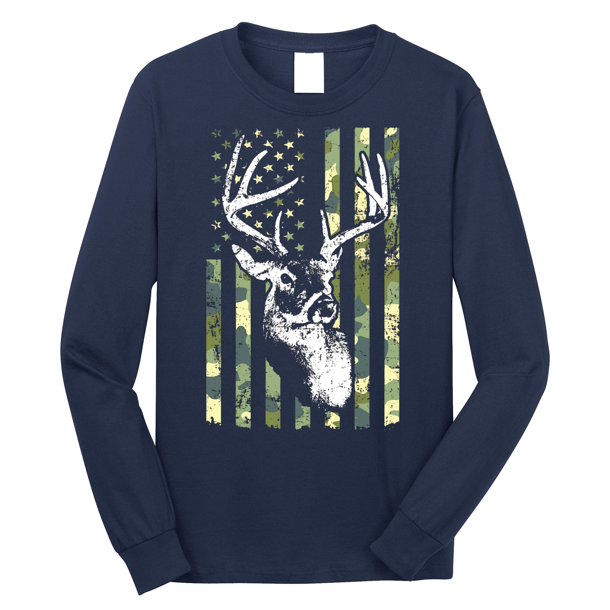 Whitetail Buck Deer Hunting USA Camouflage American Flag Long Sleeve Shirt