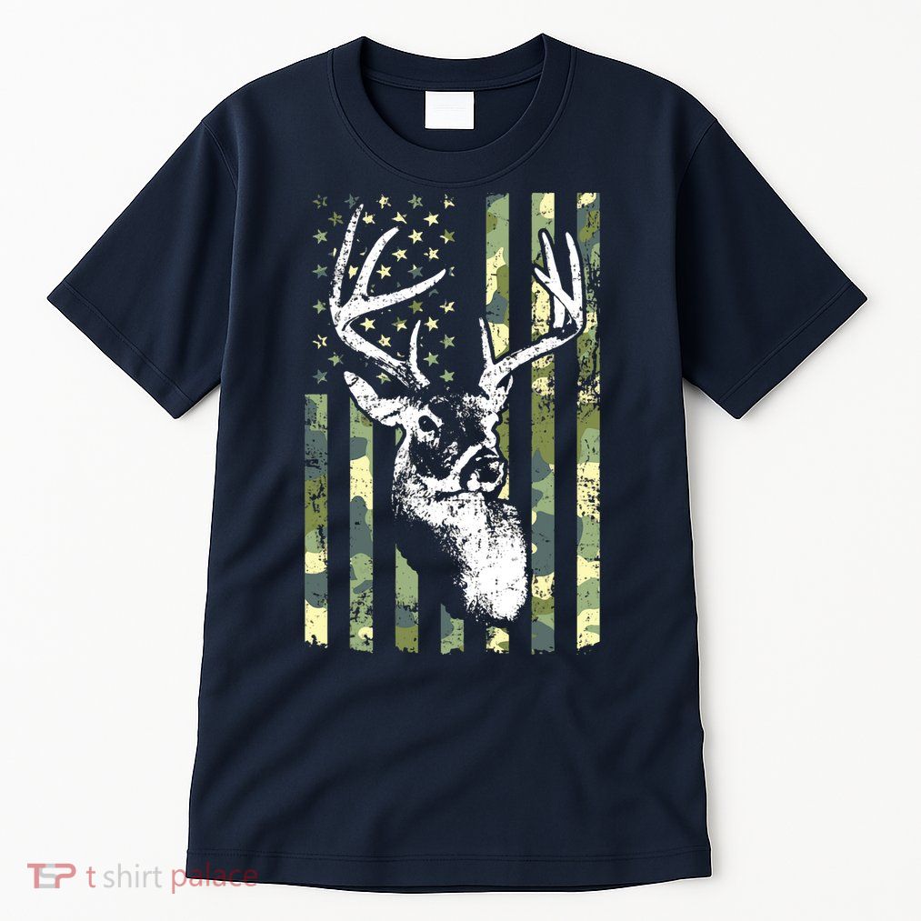 Whitetail Buck Deer Hunting USA Camouflage American Flag Tall T-Shirt