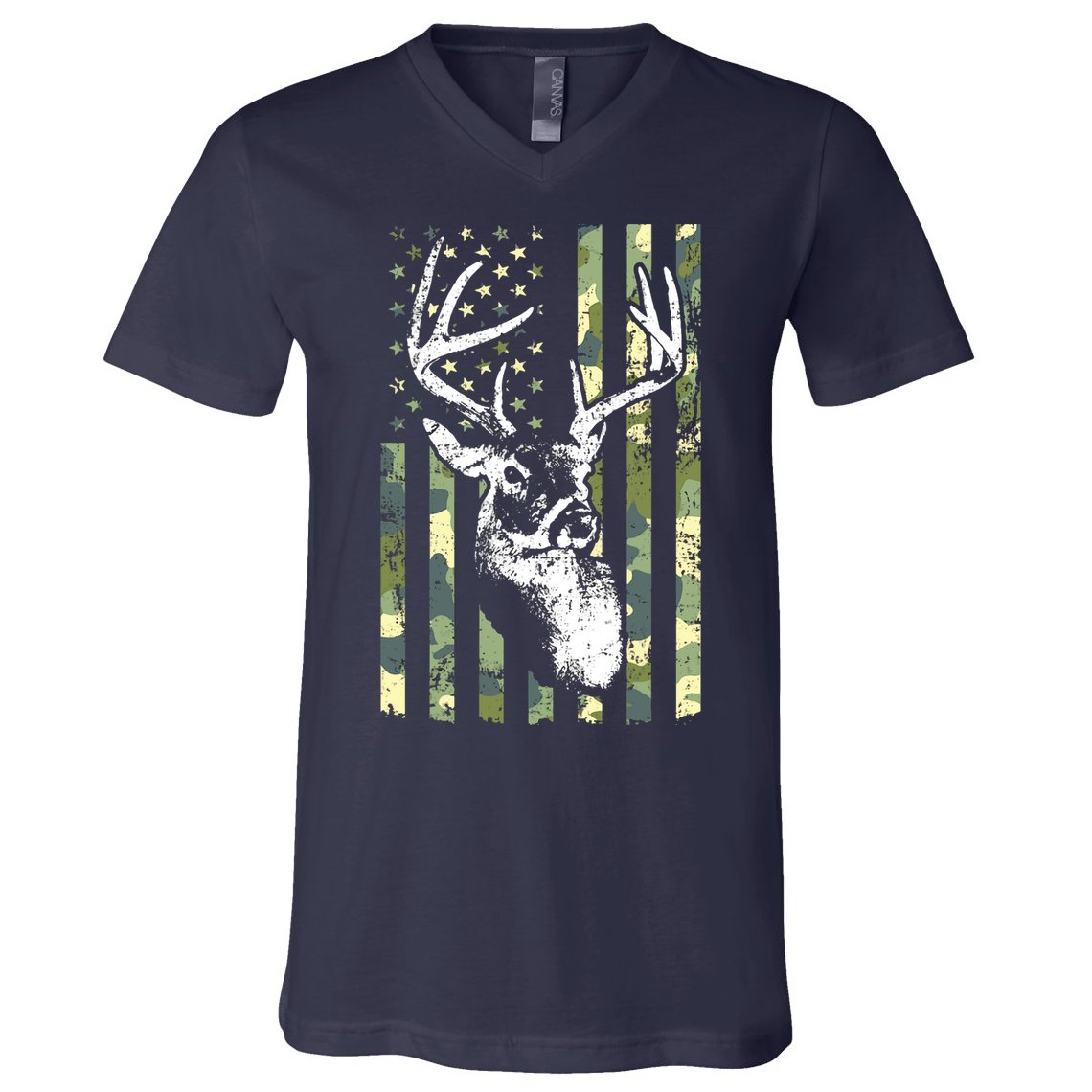 Whitetail Buck Deer Hunting USA Camouflage American Flag V-Neck T-Shirt