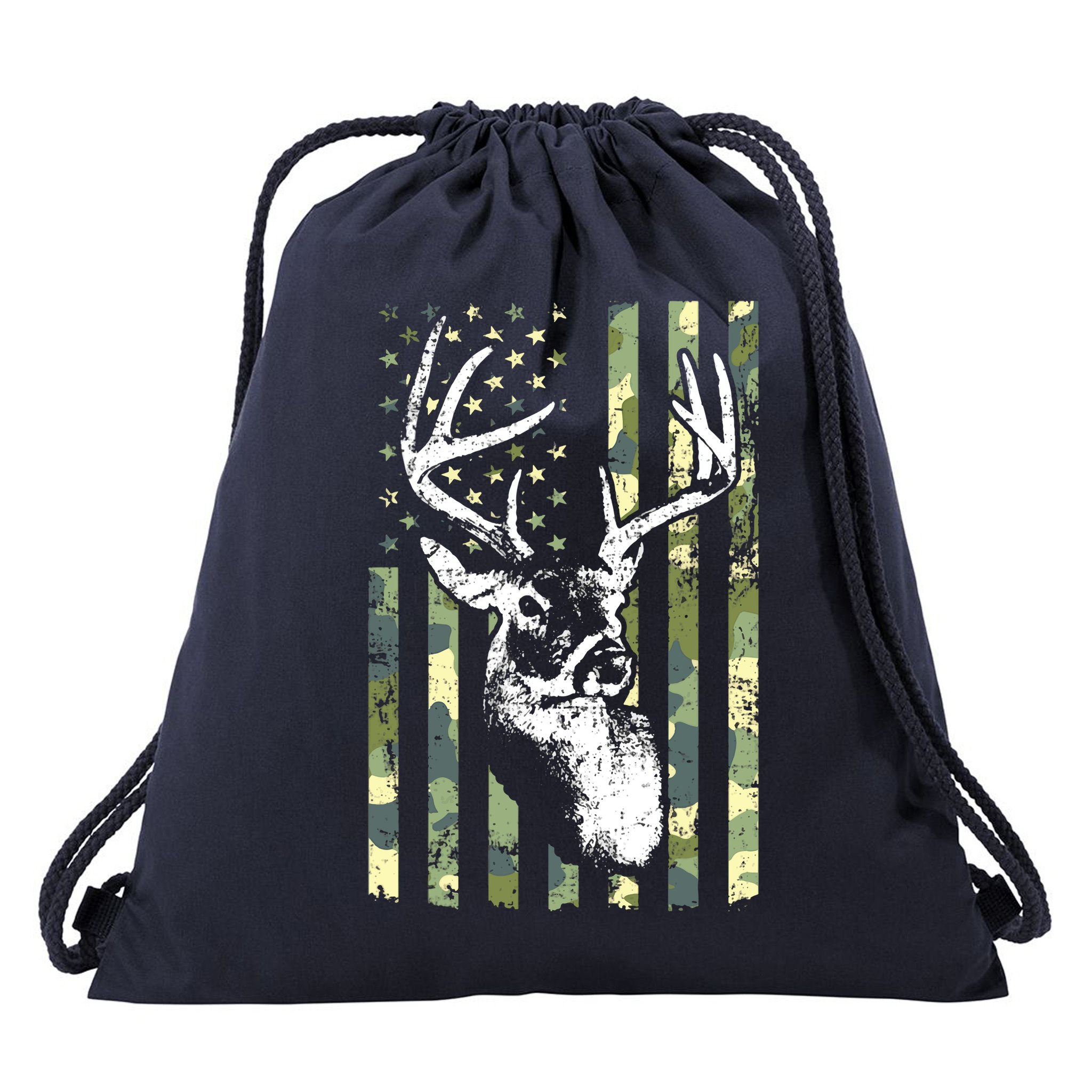 Whitetail Buck Deer Hunting USA Camouflage American Flag Drawstring Bag