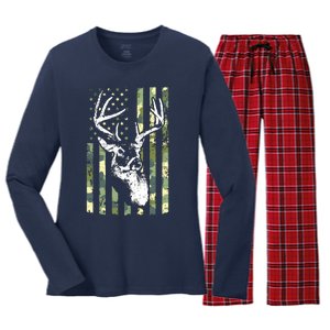 Whitetail Buck Deer Hunting USA Camouflage American Flag Women's Long Sleeve Flannel Pajama Set 