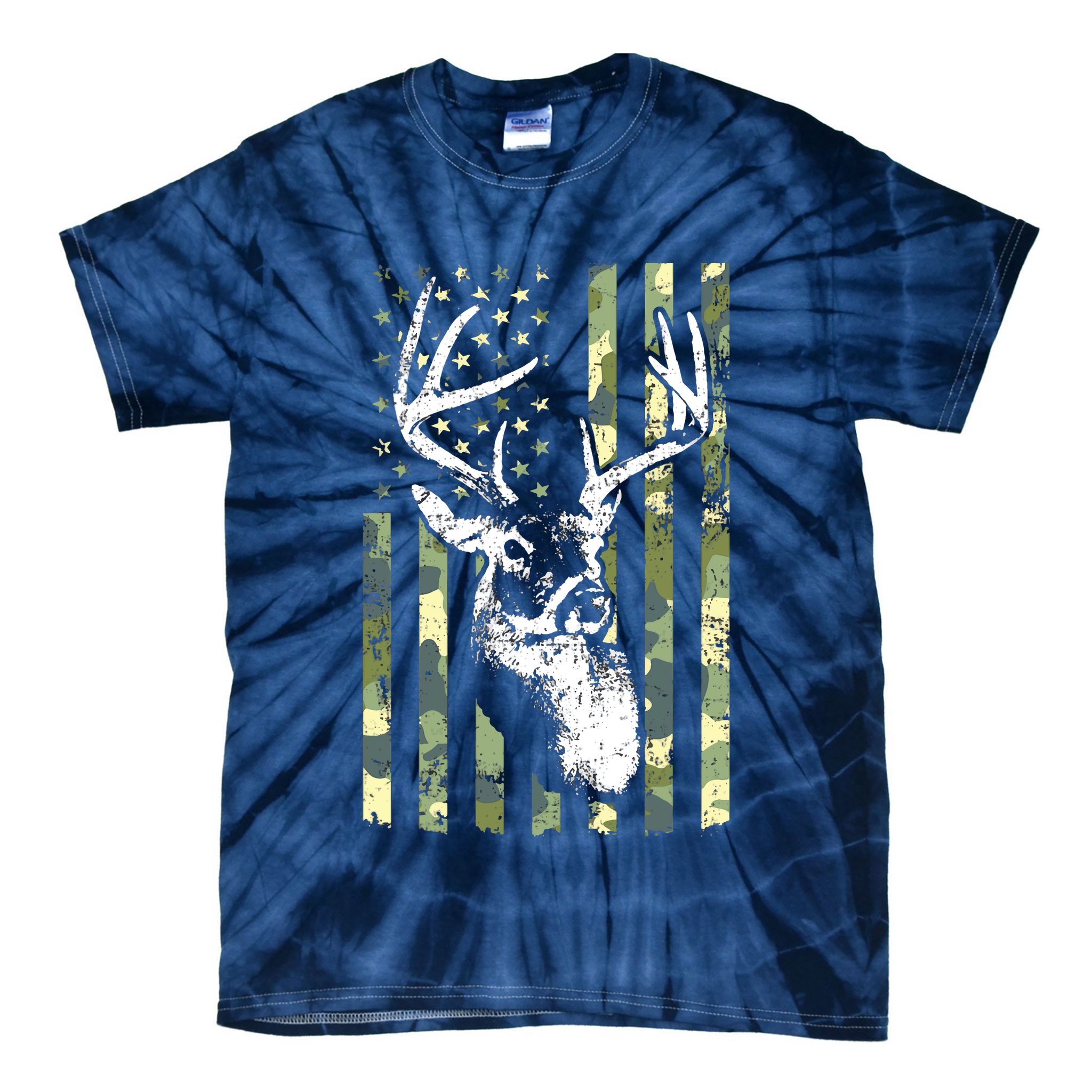 Whitetail Buck Deer Hunting USA Camouflage American Flag Tie-Dye T-Shirt