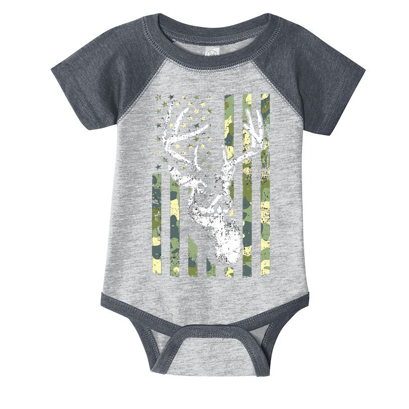 Whitetail Buck Deer Hunting USA Camouflage American Flag Infant Baby Jersey Bodysuit