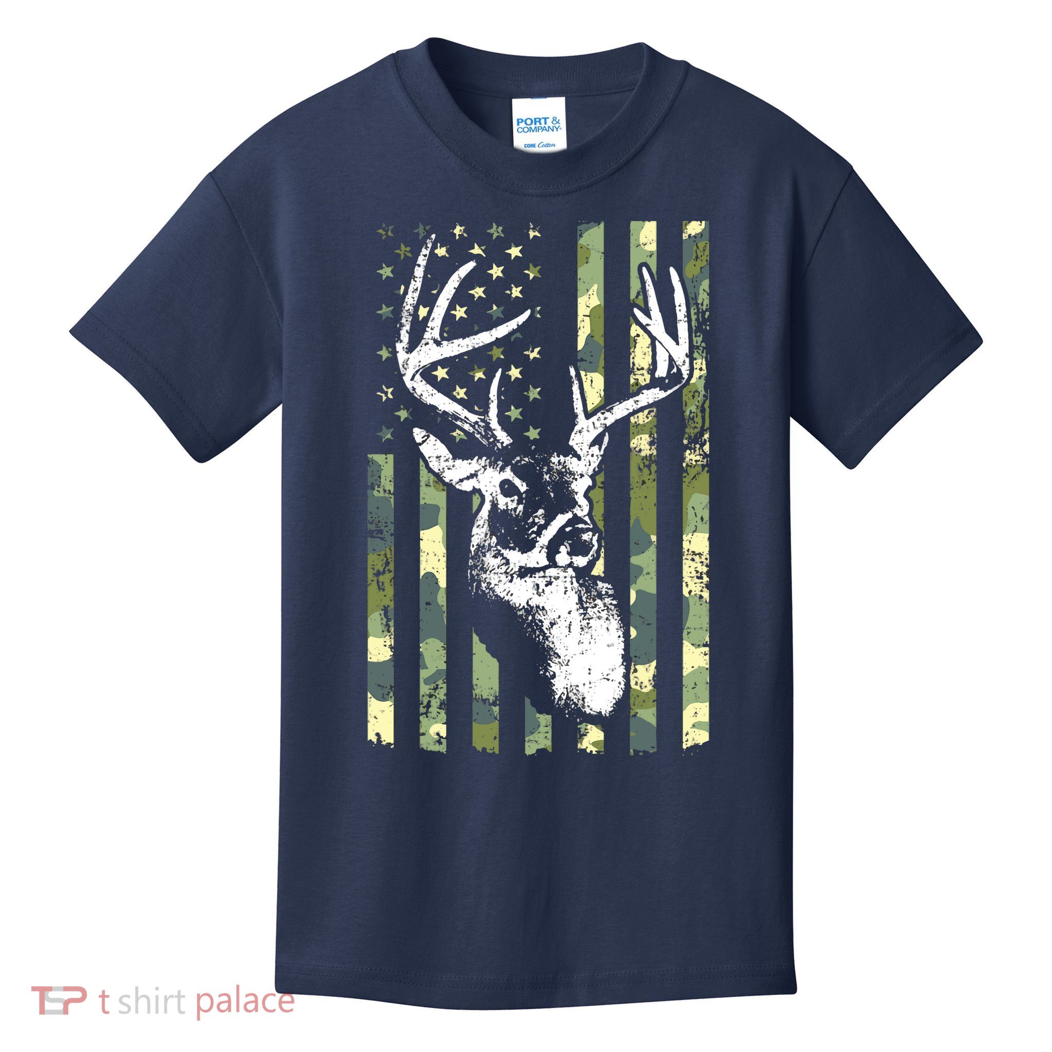 Whitetail Buck Deer Hunting USA Camouflage American Flag Kids T-Shirt