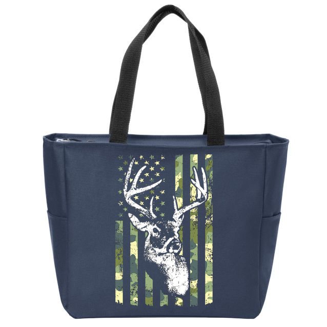 Whitetail Buck Deer Hunting USA Camouflage American Flag Zip Tote Bag