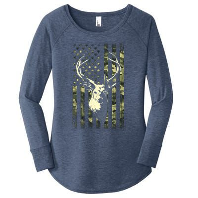 Whitetail Buck Deer Hunting American Flag Camouflage Hunter Gift Women's Perfect Tri Tunic Long Sleeve Shirt