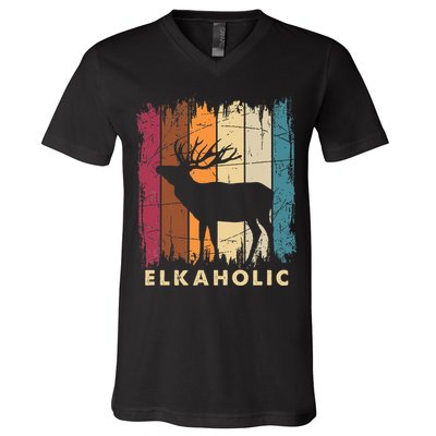 Wildlife Buck Elk Hunting Hunter Deer Silhouette Elkaholic V-Neck T-Shirt