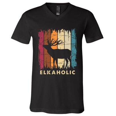 Wildlife Buck Elk Hunting Hunter Deer Silhouette Elkaholic V-Neck T-Shirt