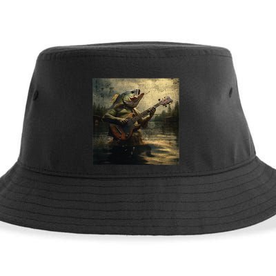 Weird Bass Fish Playing Bass Guitar Funny Cursed Meme Sustainable Bucket Hat