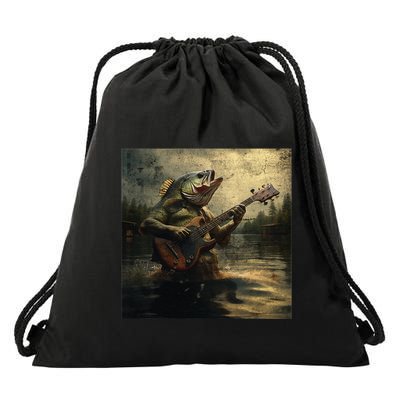 Weird Bass Fish Playing Bass Guitar Funny Cursed Meme Drawstring Bag