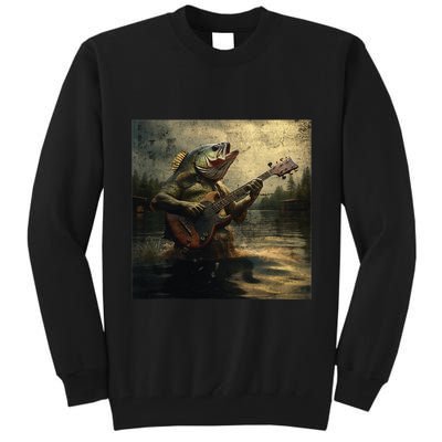 Weird Bass Fish Playing Bass Guitar Funny Cursed Meme Tall Sweatshirt