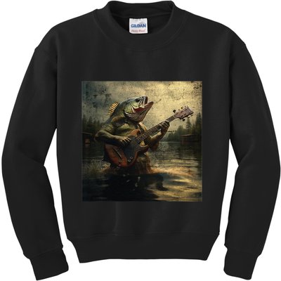 Weird Bass Fish Playing Bass Guitar Funny Cursed Meme Kids Sweatshirt