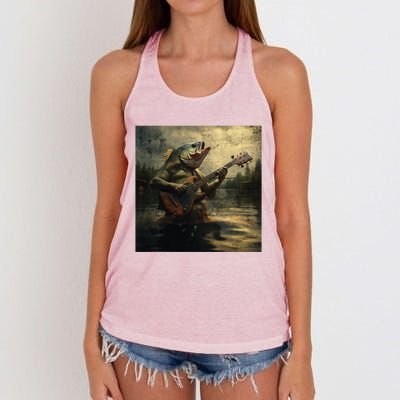 Weird Bass Fish Playing Bass Guitar Funny Cursed Meme Women's Knotted Racerback Tank