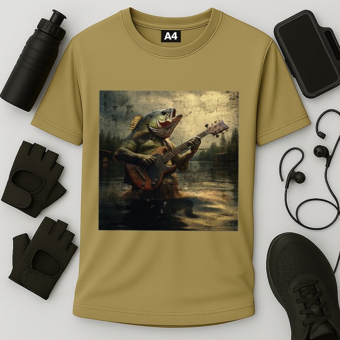 Weird Bass Fish Playing Bass Guitar Funny Cursed Meme Cooling Performance Crew T-Shirt