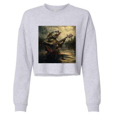 Weird Bass Fish Playing Bass Guitar Funny Cursed Meme Cropped Pullover Crew