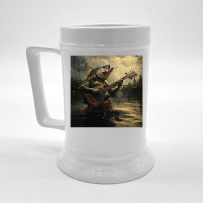 Weird Bass Fish Playing Bass Guitar Funny Cursed Meme Beer Stein