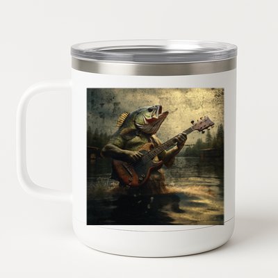 Weird Bass Fish Playing Bass Guitar Funny Cursed Meme 12 oz Stainless Steel Tumbler Cup