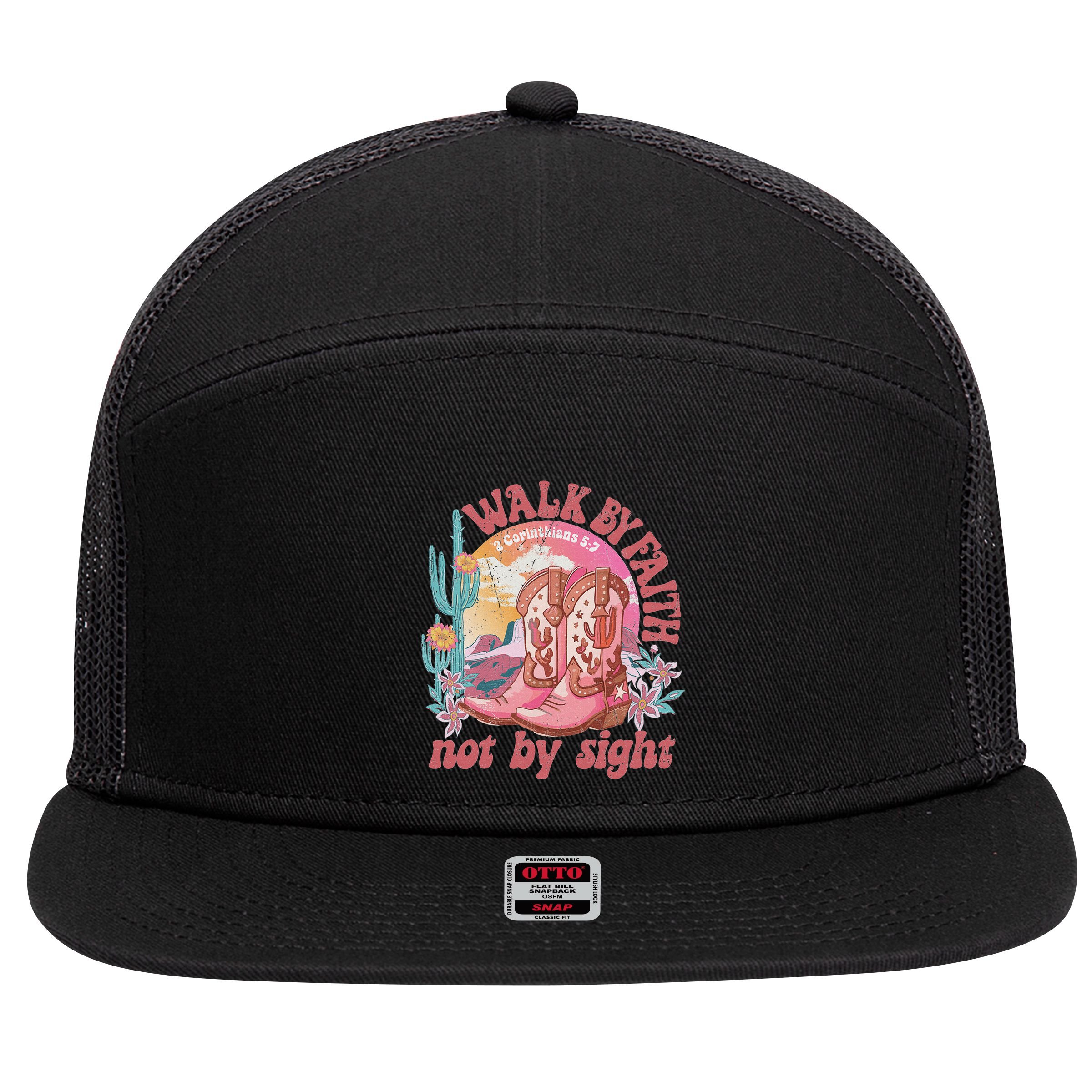 Walk By Faith Not By Sight Saying Bible Verse 7 Panel Mesh Trucker Snapback Hat