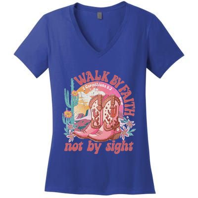 Walk By Faith Not By Sight Saying Bible Verse Women's V-Neck T-Shirt