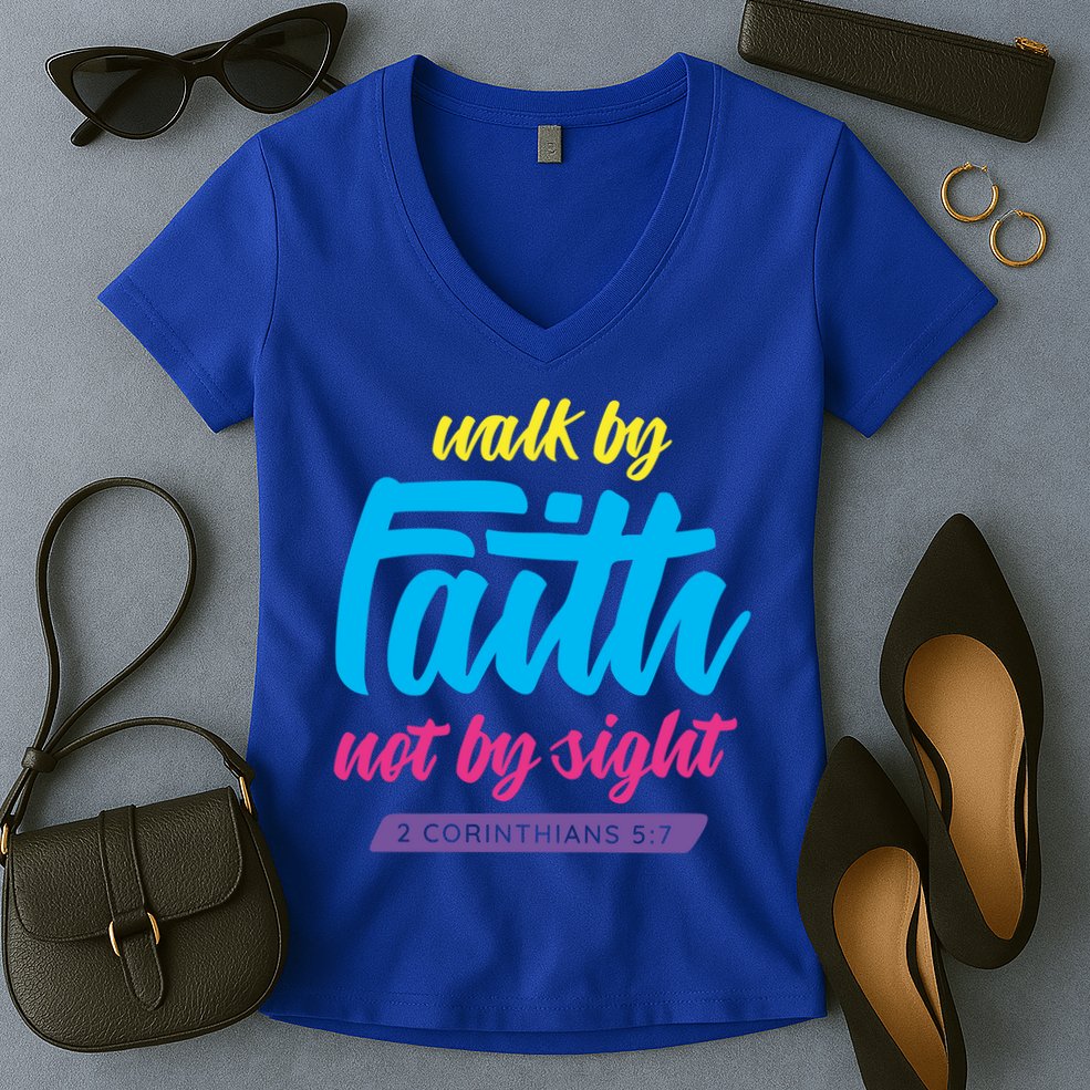 Walk By Faith Not By Sight Bible Verse Christian Saying Funny Gift Women's V-Neck T-Shirt