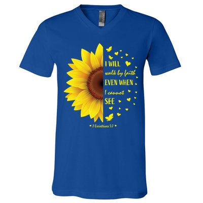 Walk By Faith Not By Sight Christian Religious Sunflower Gift V-Neck T-Shirt