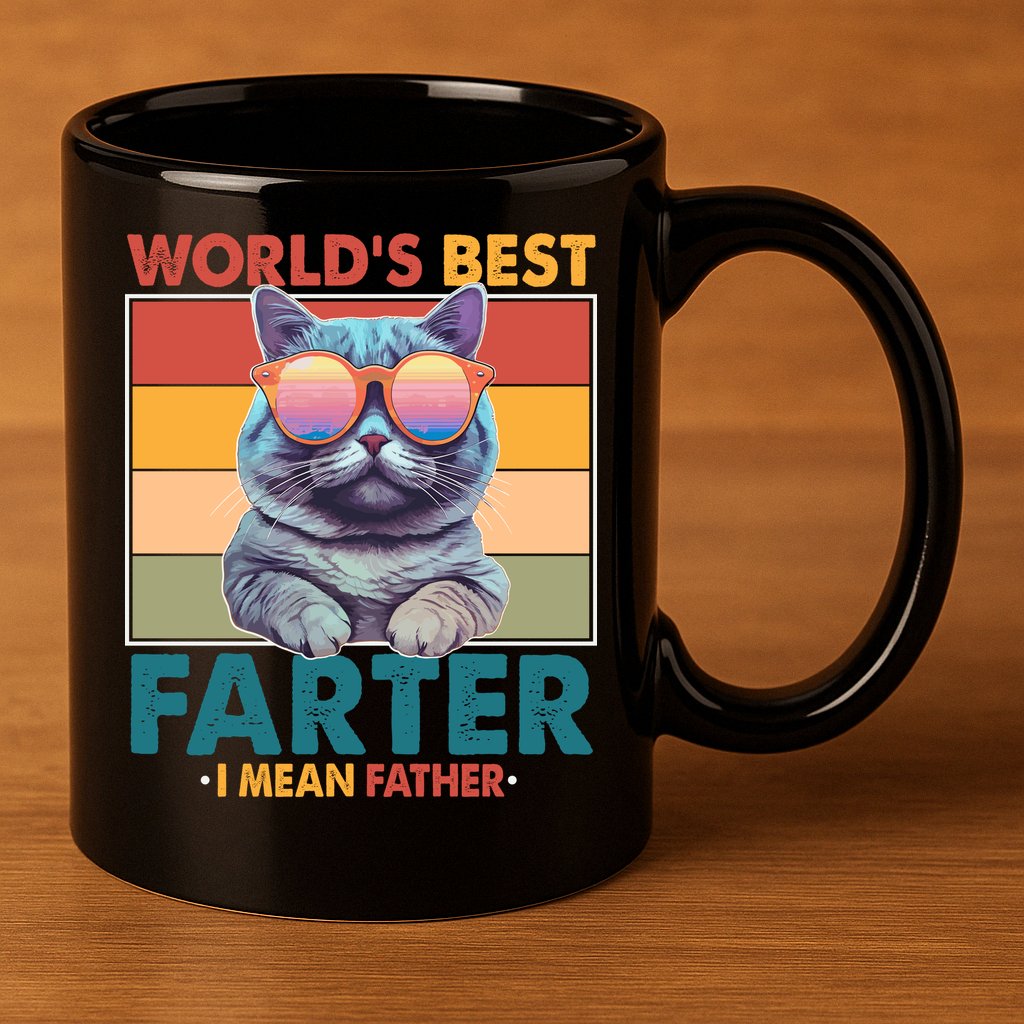 Worlds Best Farter I Mean Father Funny Retro Cat 11oz C Handle Ceramic Mug