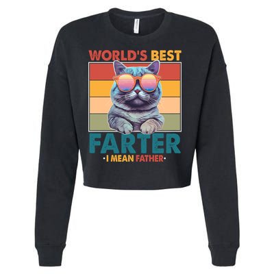 Worlds Best Farter I Mean Father Funny Retro Cat Cropped Pullover Crew