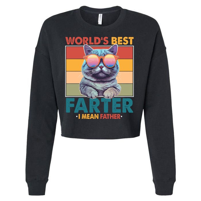 Worlds Best Farter I Mean Father Funny Retro Cat Cropped Pullover Crew