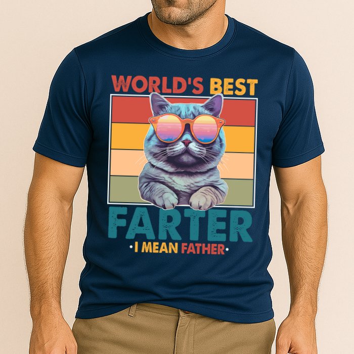Worlds Best Farter I Mean Father Funny Retro Cat Cooling Performance Crew T-Shirt
