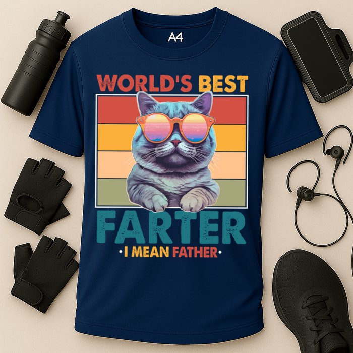 Worlds Best Farter I Mean Father Funny Retro Cat Cooling Performance Crew T-Shirt