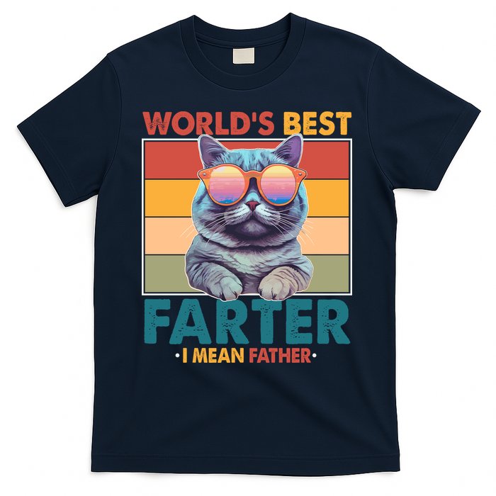 Worlds Best Farter I Mean Father Funny Retro Cat T-Shirt