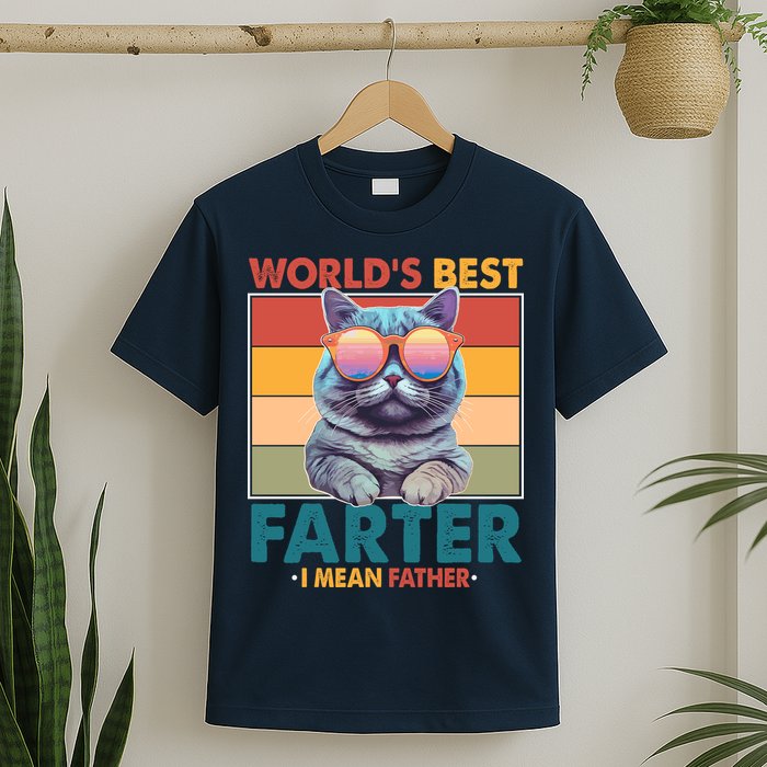 Worlds Best Farter I Mean Father Funny Retro Cat T-Shirt