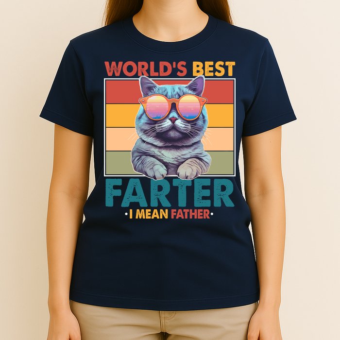 Worlds Best Farter I Mean Father Funny Retro Cat T-Shirt