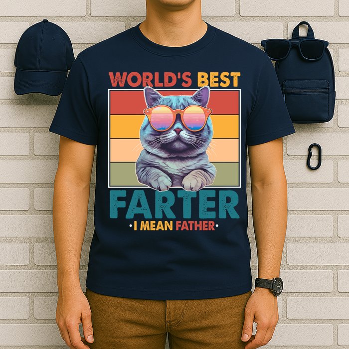 Worlds Best Farter I Mean Father Funny Retro Cat T-Shirt