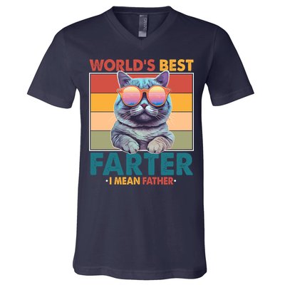 Worlds Best Farter I Mean Father Funny Retro Cat V-Neck T-Shirt