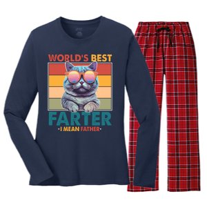 Worlds Best Farter I Mean Father Funny Retro Cat Women's Long Sleeve Flannel Pajama Set 