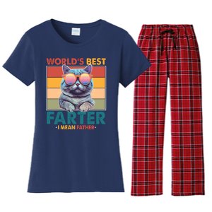 Worlds Best Farter I Mean Father Funny Retro Cat Women's Flannel Pajama Set