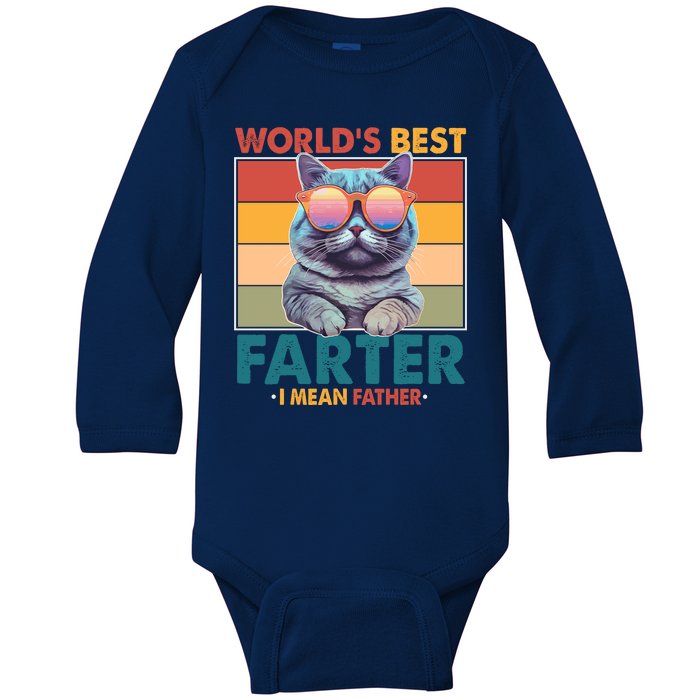 Worlds Best Farter I Mean Father Funny Retro Cat Baby Long Sleeve Bodysuit