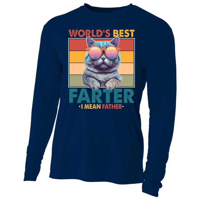 Worlds Best Farter I Mean Father Funny Retro Cat Cooling Performance Long Sleeve Crew