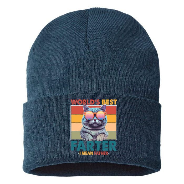 Worlds Best Farter I Mean Father Funny Retro Cat Sustainable Knit Beanie