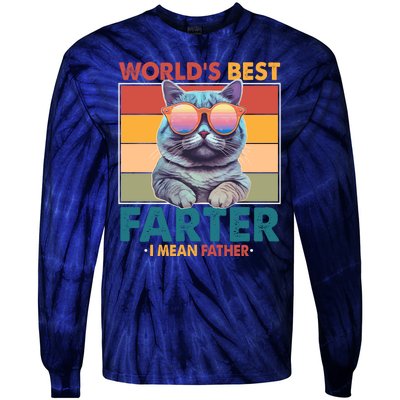 Worlds Best Farter I Mean Father Funny Retro Cat Tie-Dye Long Sleeve Shirt