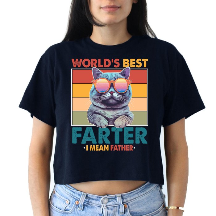 Worlds Best Farter I Mean Father Funny Retro Cat Crop Top