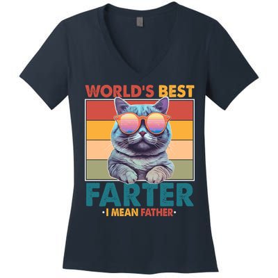 Worlds Best Farter I Mean Father Funny Retro Cat Women's V-Neck T-Shirt