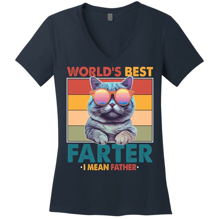 Worlds Best Farter I Mean Father Funny Retro Cat Women's V-Neck T-Shirt