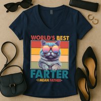 Worlds Best Farter I Mean Father Funny Retro Cat Women's V-Neck T-Shirt