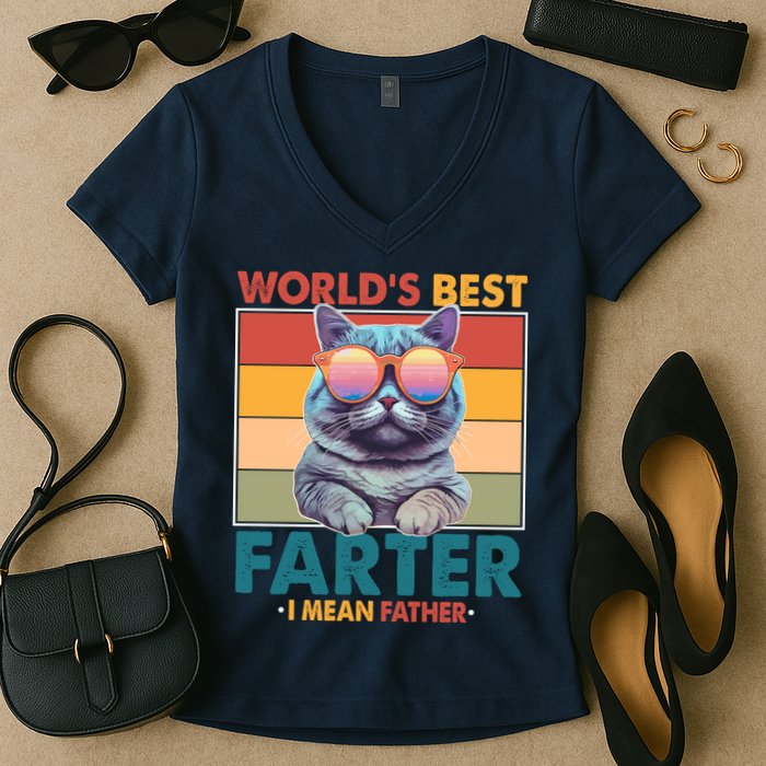 Worlds Best Farter I Mean Father Funny Retro Cat Women's V-Neck T-Shirt