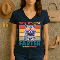 Worlds Best Farter I Mean Father Funny Retro Cat Women's V-Neck T-Shirt